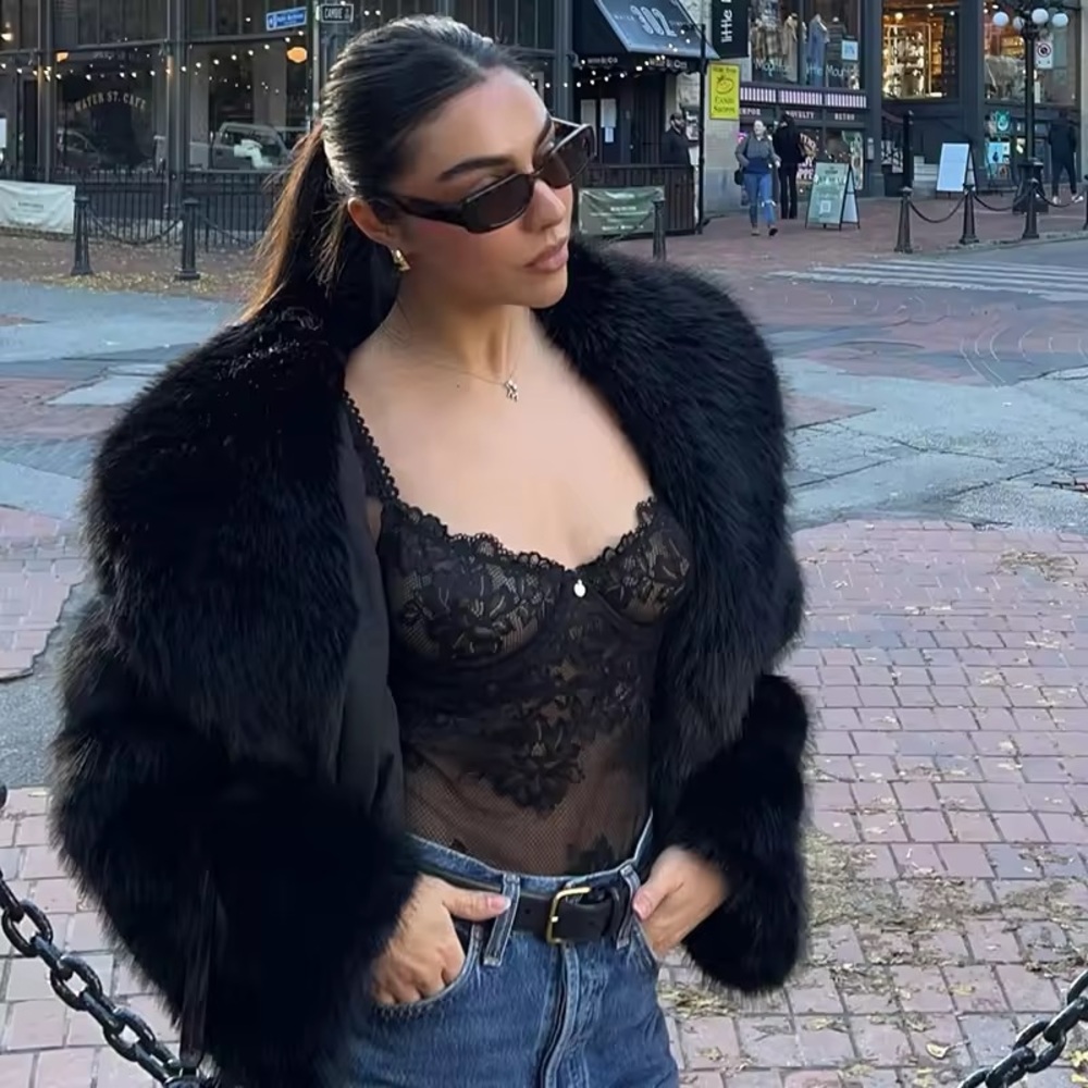 Black Faux Fur Coat luxurious women thick jacket